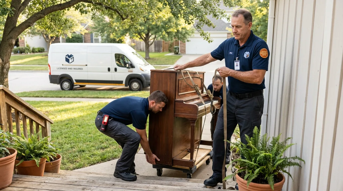 Licensed piano movers securing grand piano in Barnesville, MN